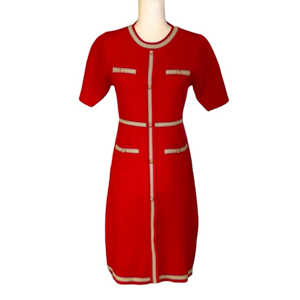 NEW Knit Mix Red Metallic Gold Knit Dress with Gold Button Detail - M